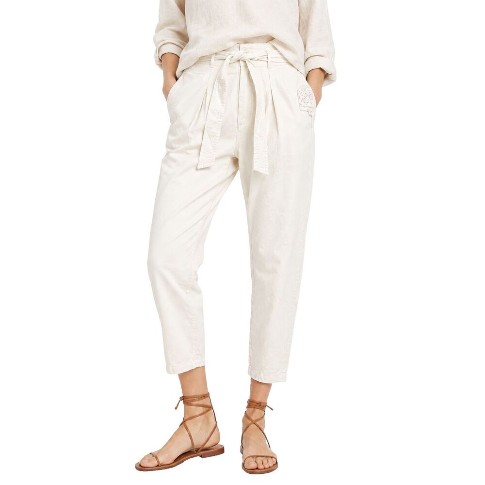 Free People Womens 10 Cream Paperbag Tapered Pants Belted High Rise Relaxed NWT